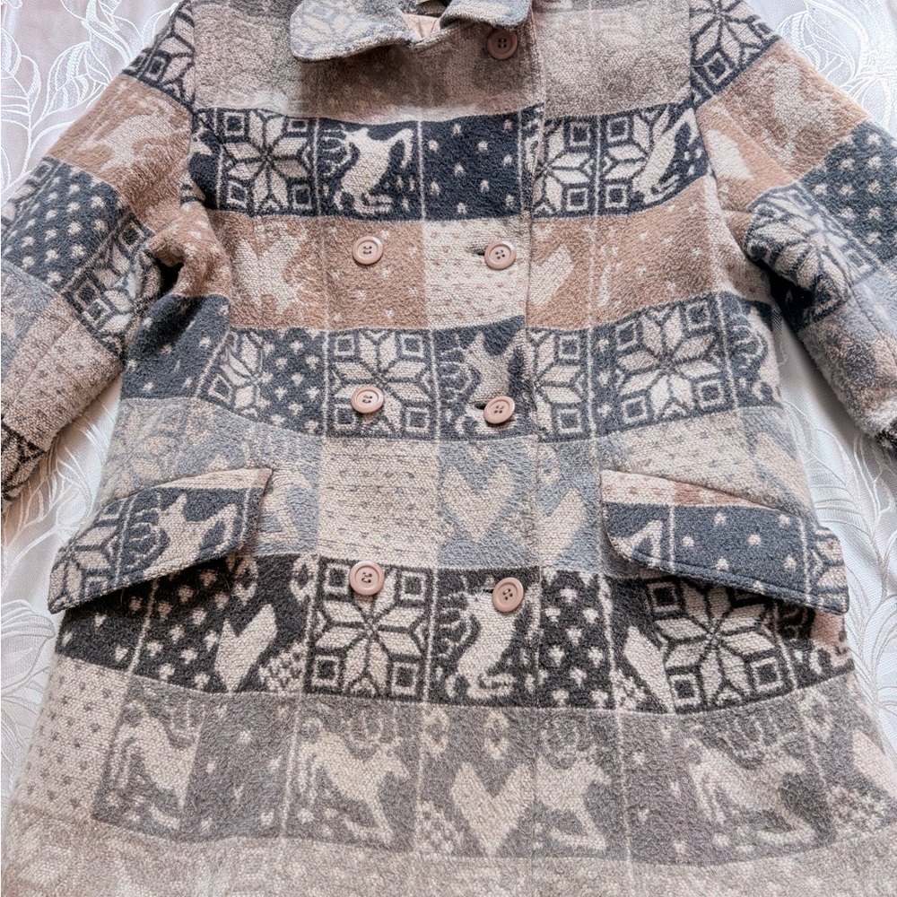 Vintage Tribal Aztec Wool Blend Patchork Quilted Lining Double Breasted -M/L